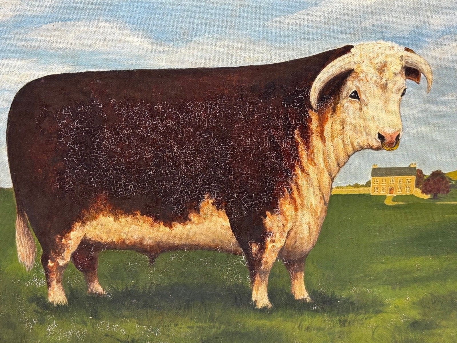 Olieverfschilderij Bekroonde Hereford Stier Pastoraal Landschap in de Stijl van William Henry Davis photo for sale