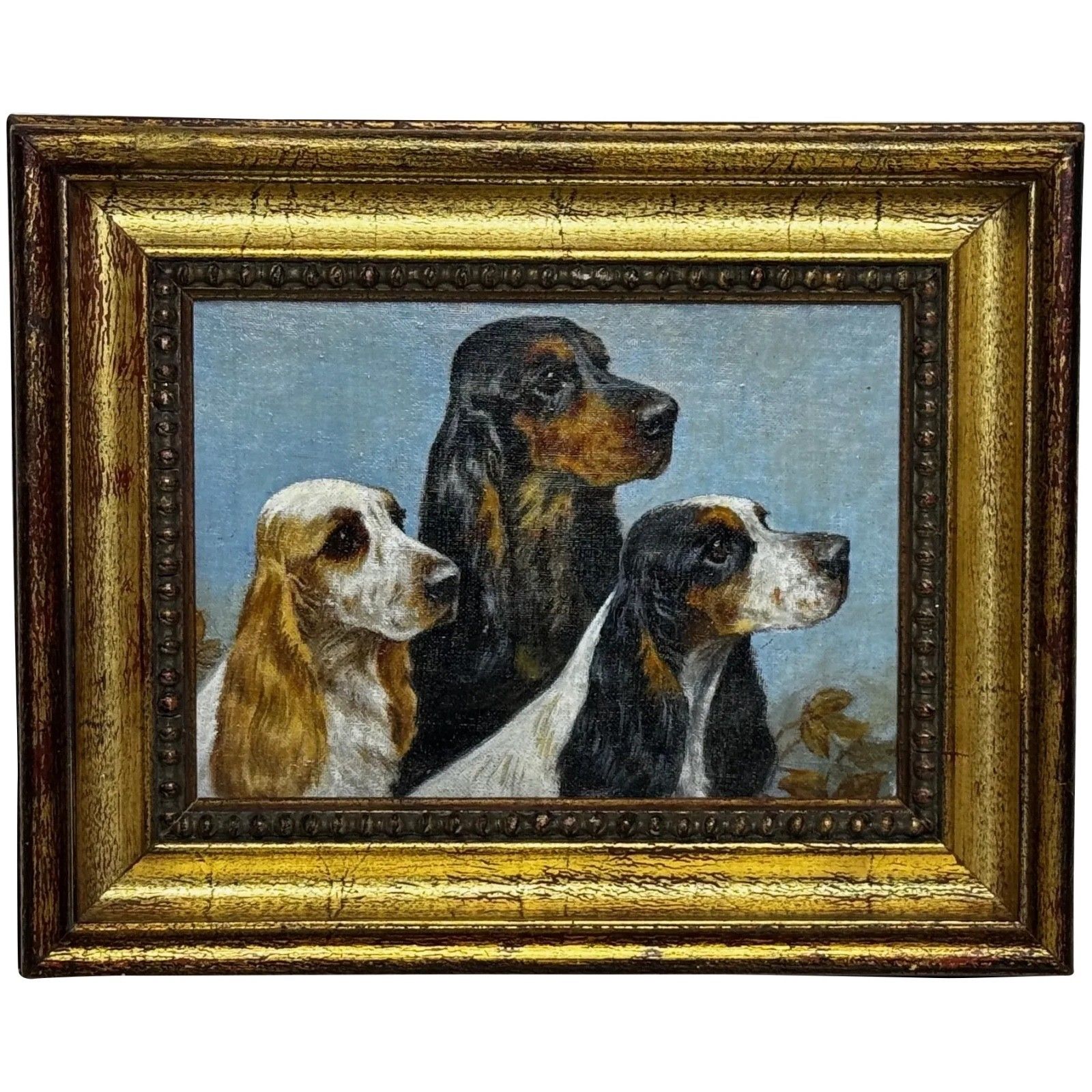 Mid Century dierenschilderij in olieverf, The Faithful Companions, trio van cocker spaniëls, in de stijl van Maud Alice Earl