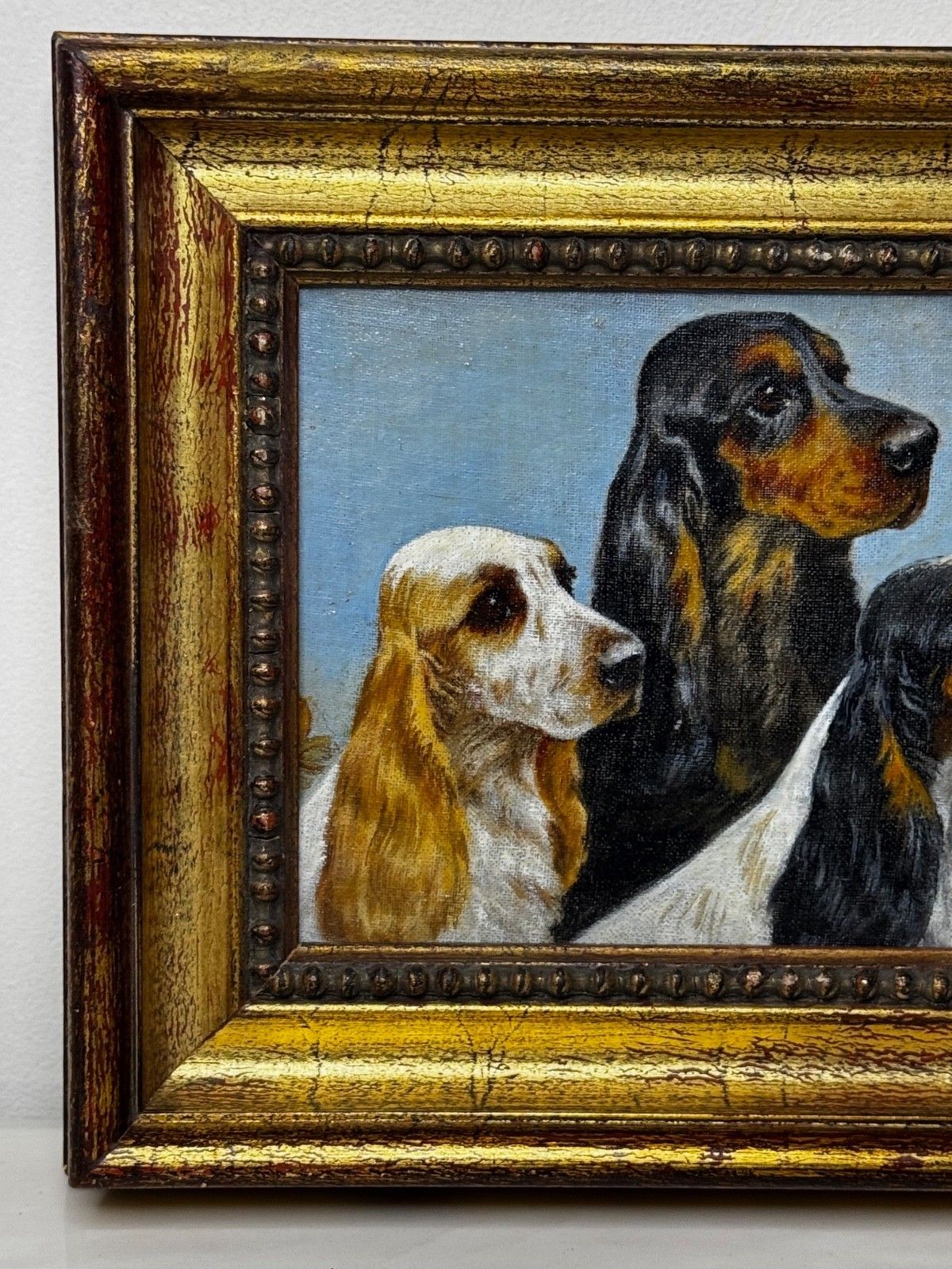 Mid Century dierenschilderij in olieverf, The Faithful Companions, trio van cocker spaniëls, in de stijl van Maud Alice Earl photo vinterior