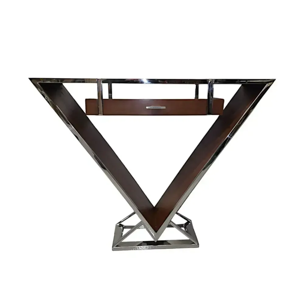 Art Deco Design Driehoekige Consoletafel in Walnoot en Chroom photo furniture