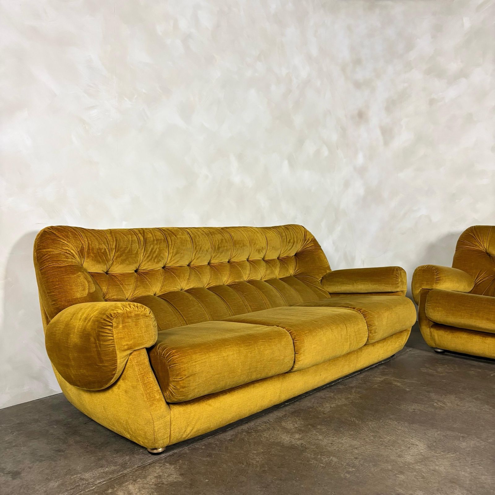 Mid Century G Plan Georgina Yellow Three Seater Sofa & Matching Pair Of Armchairs Yellow Velvet Retro Mcm photo 2995.0