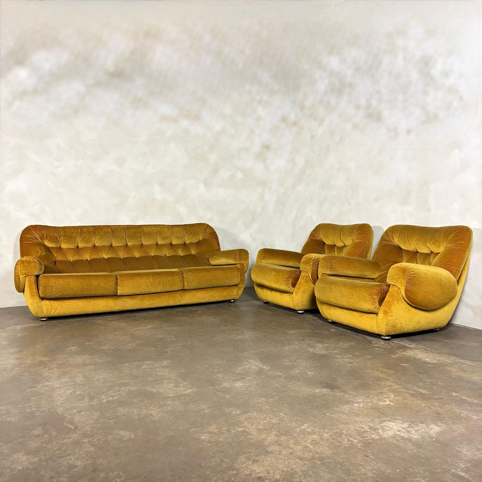 Mid Century G Plan Georgina Yellow Three Seater Sofa & Matching Pair Of Armchairs Yellow Velvet Retro Mcm photo vinterior