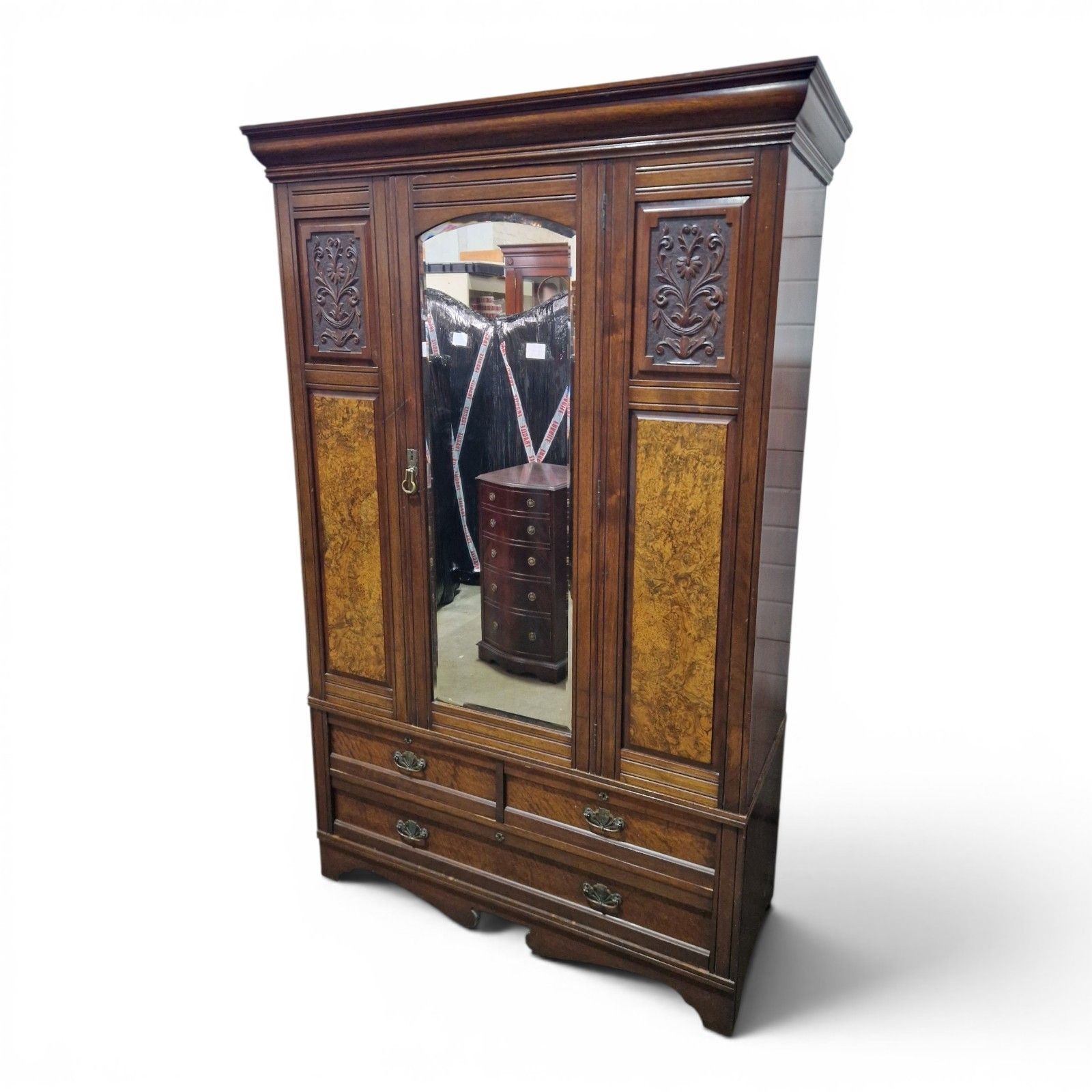 Antique Victorian Carved Walnut Single Wardrobe Mirrored Door Burr Armoire photo 395.0
