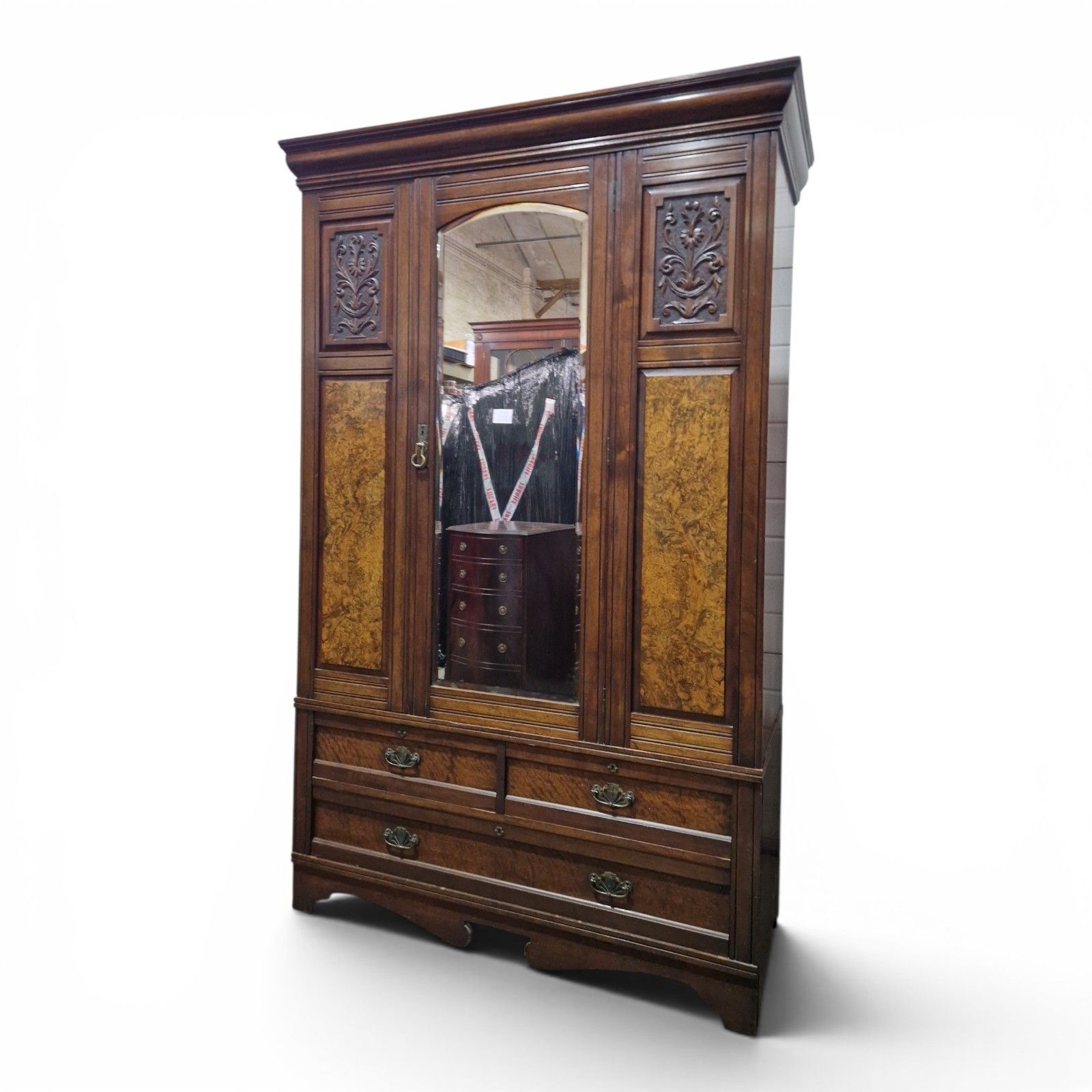Antique Victorian Carved Walnut Single Wardrobe Mirrored Door Burr Armoire photo vinterior