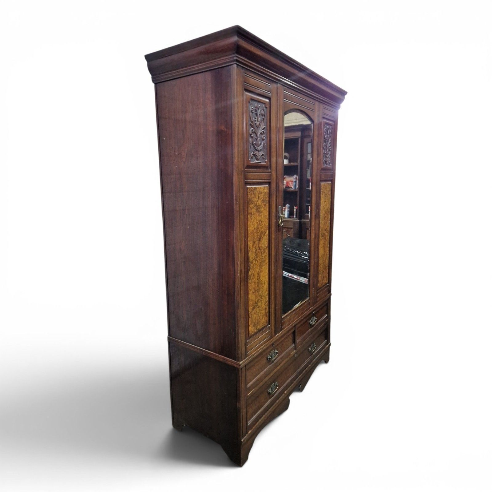 Antique Victorian Carved Walnut Single Wardrobe Mirrored Door Burr Armoire photo vintage