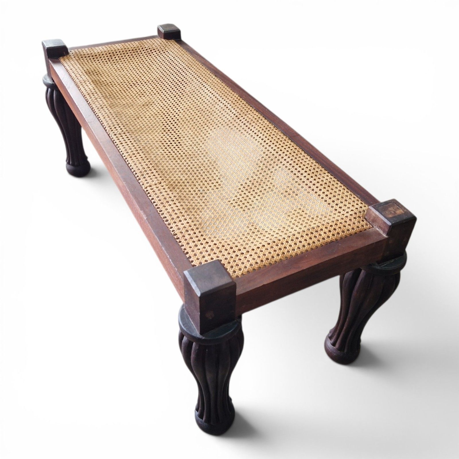 Antique Bergere Window Seat Cane Hall Bench Window Stool Long Bulbous Legs photo for sale