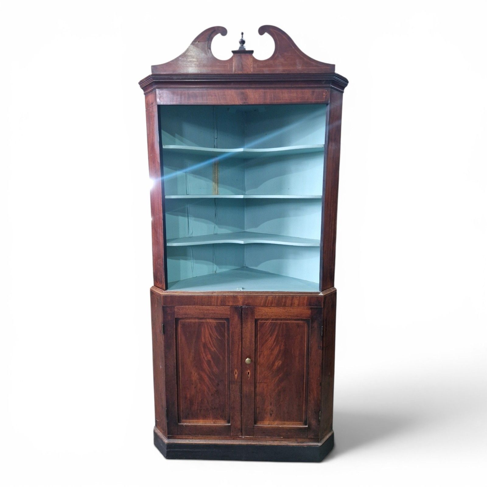 Antique Inlaid Mahogany Corner Cabinet Display Shelves Double Cupboard Bookcase photo for sale