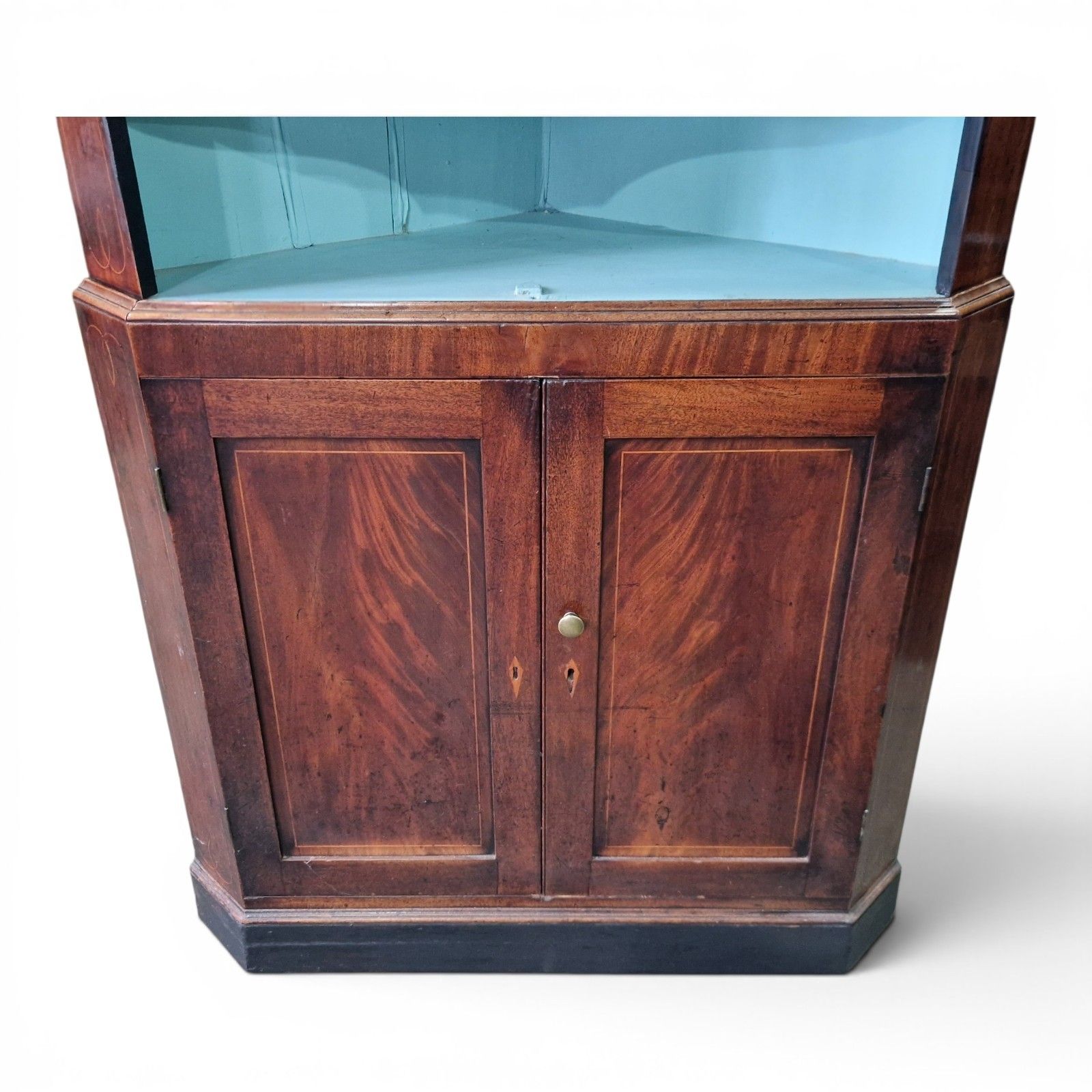 photo buy Antique Inlaid Mahogany Corner Cabinet Display Shelves Double Cupboard Bookcase