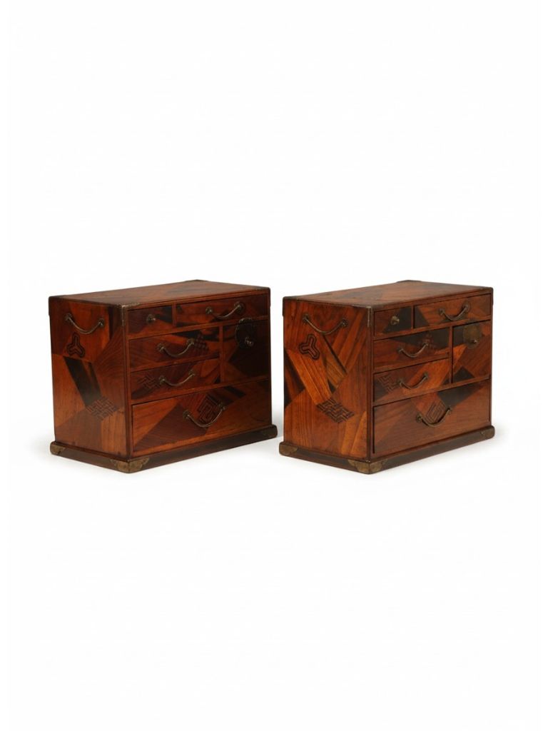 Rare Matching Pair Of Japanese Meiji Period ‘Hakone’ Marquetry Kodansu
