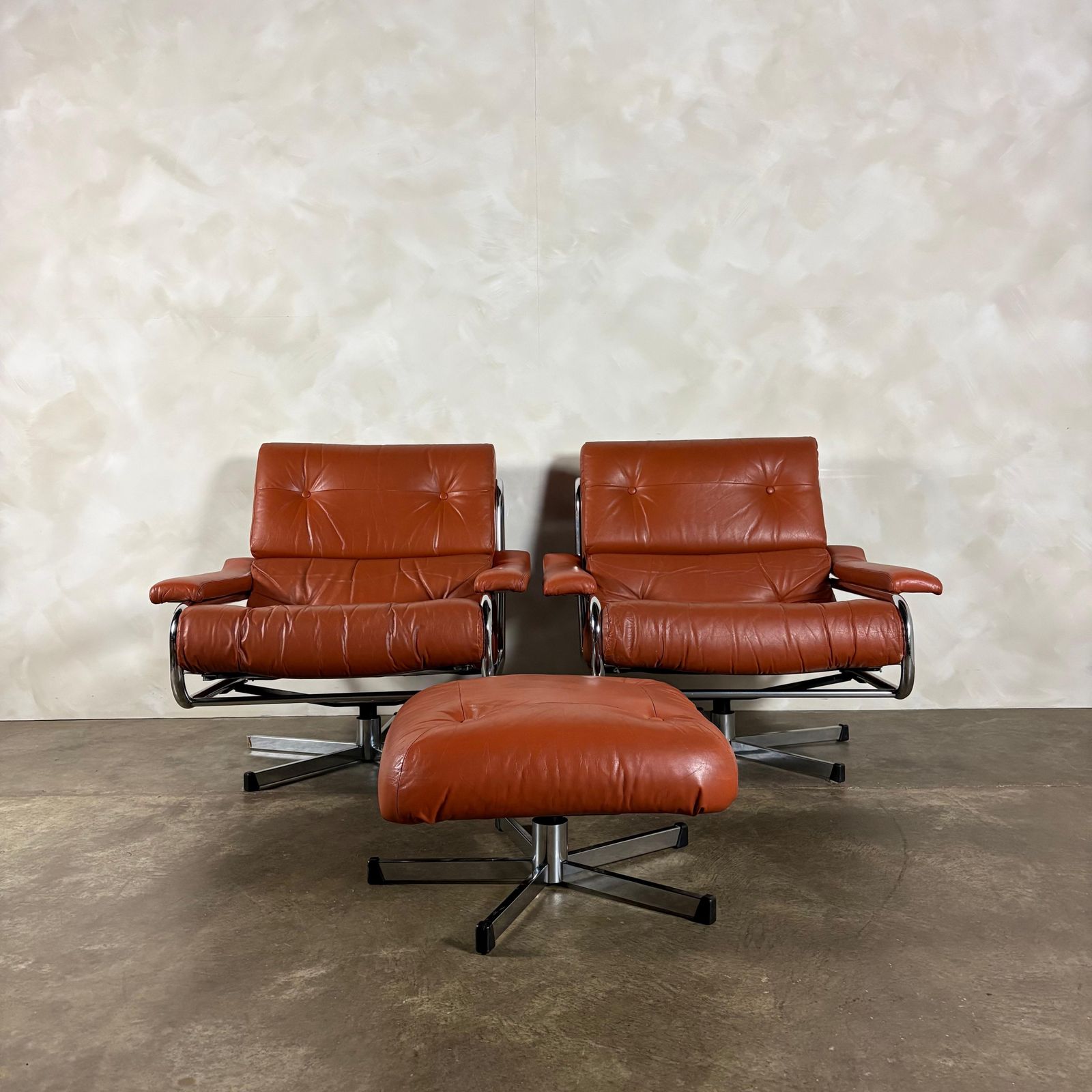 Mid Century Pieff Alpha Tan Brown Leather Three Seater Sofa & Two Swivel Lounge Chairs With Footstool Retro Mcm photo 4995.0