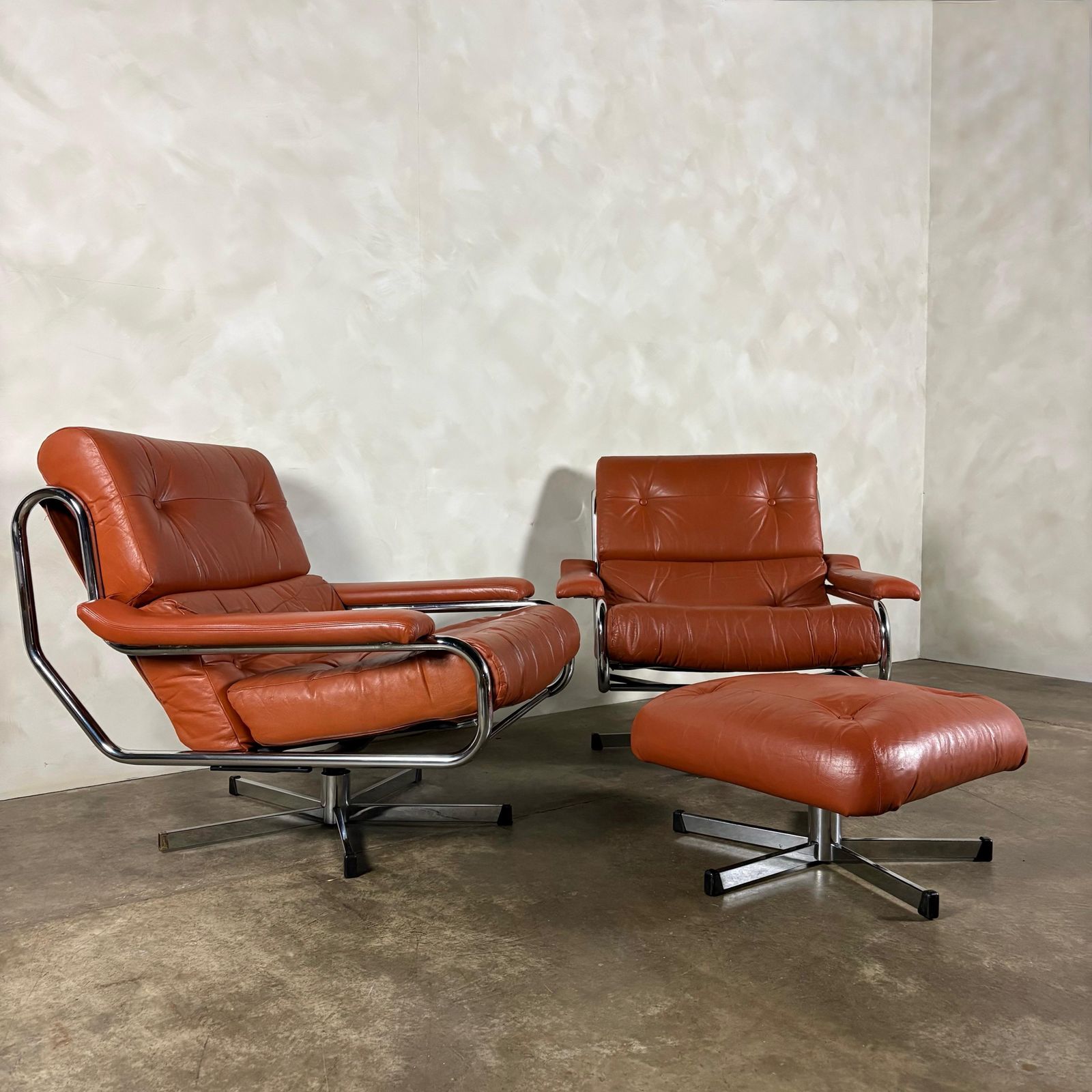 Mid Century Pieff Alpha Tan Brown Leather Three Seater Sofa & Two Swivel Lounge Chairs With Footstool Retro Mcm photo vinterior