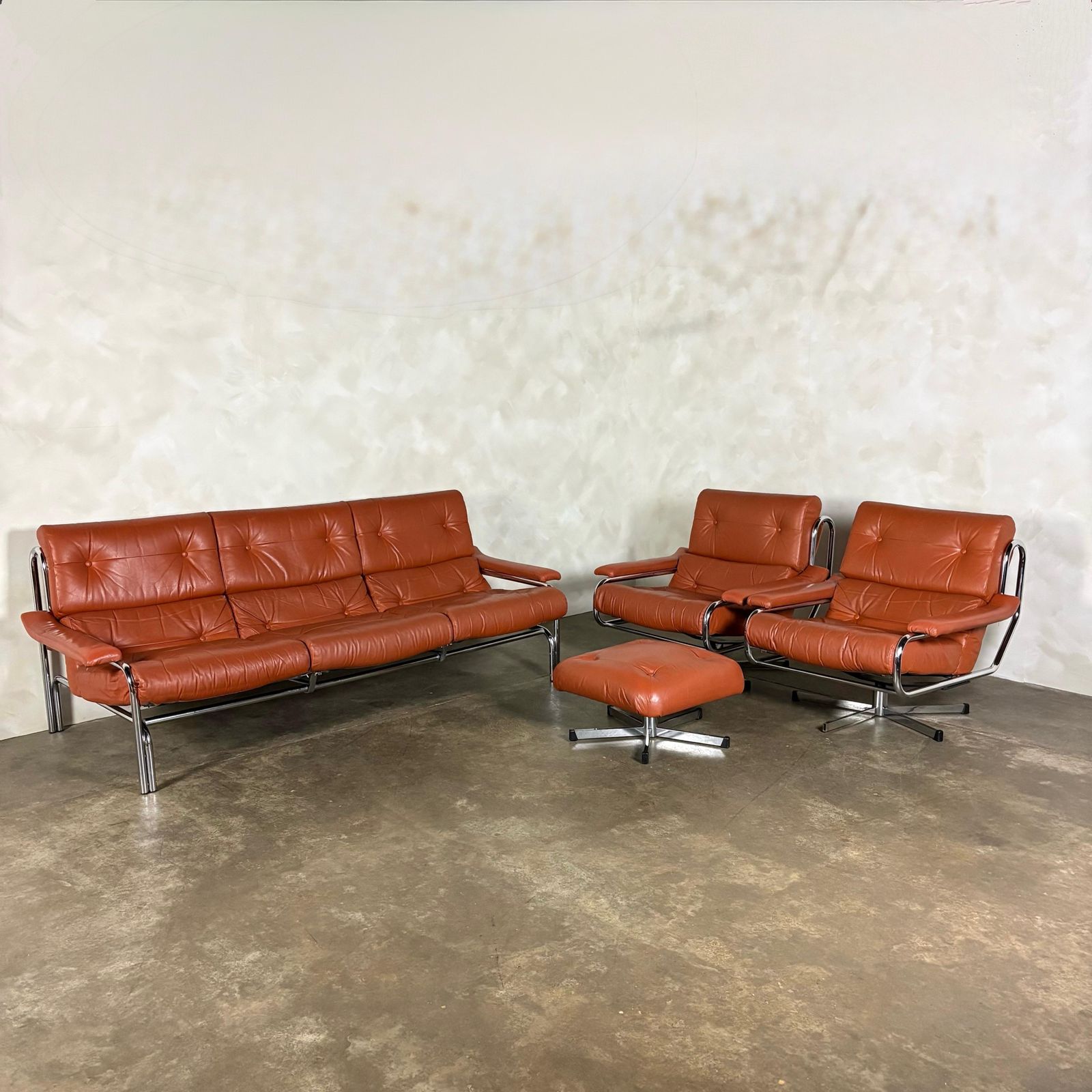 Mid Century Pieff Alpha Tan Brown Leather Three Seater Sofa & Two Swivel Lounge Chairs With Footstool Retro Mcm