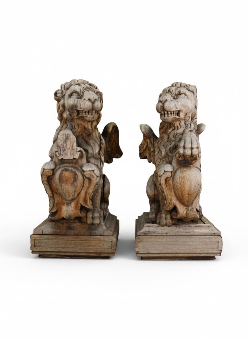 Pair Of Antique 19th Century French Neo Renaissance Heraldic Lions