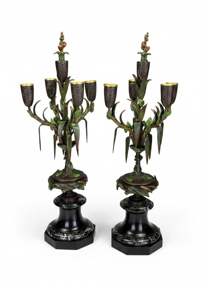 Antique Pair Of James Pradier Cold Painted Bronze Candelabras – 19th Century French Sculptor