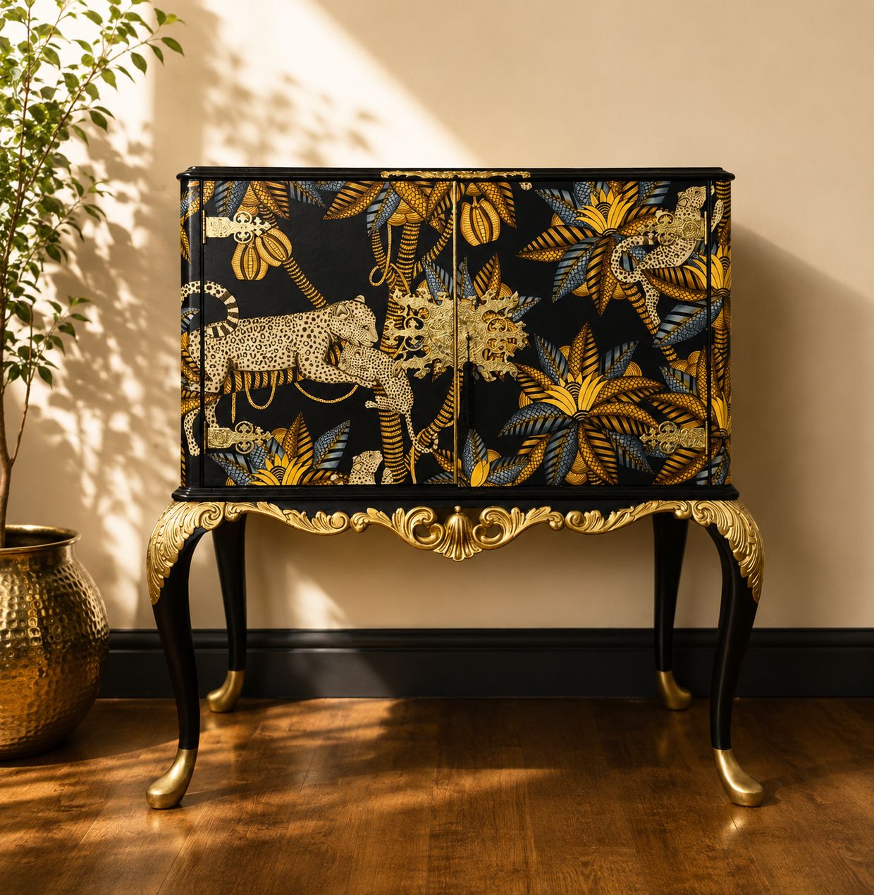 Queen Anne Leopard Drinks Cabinet | Bespoke Chinoiserie /Botanicle Cocktail Cabinet | Luxury Vintage Statement Bar
