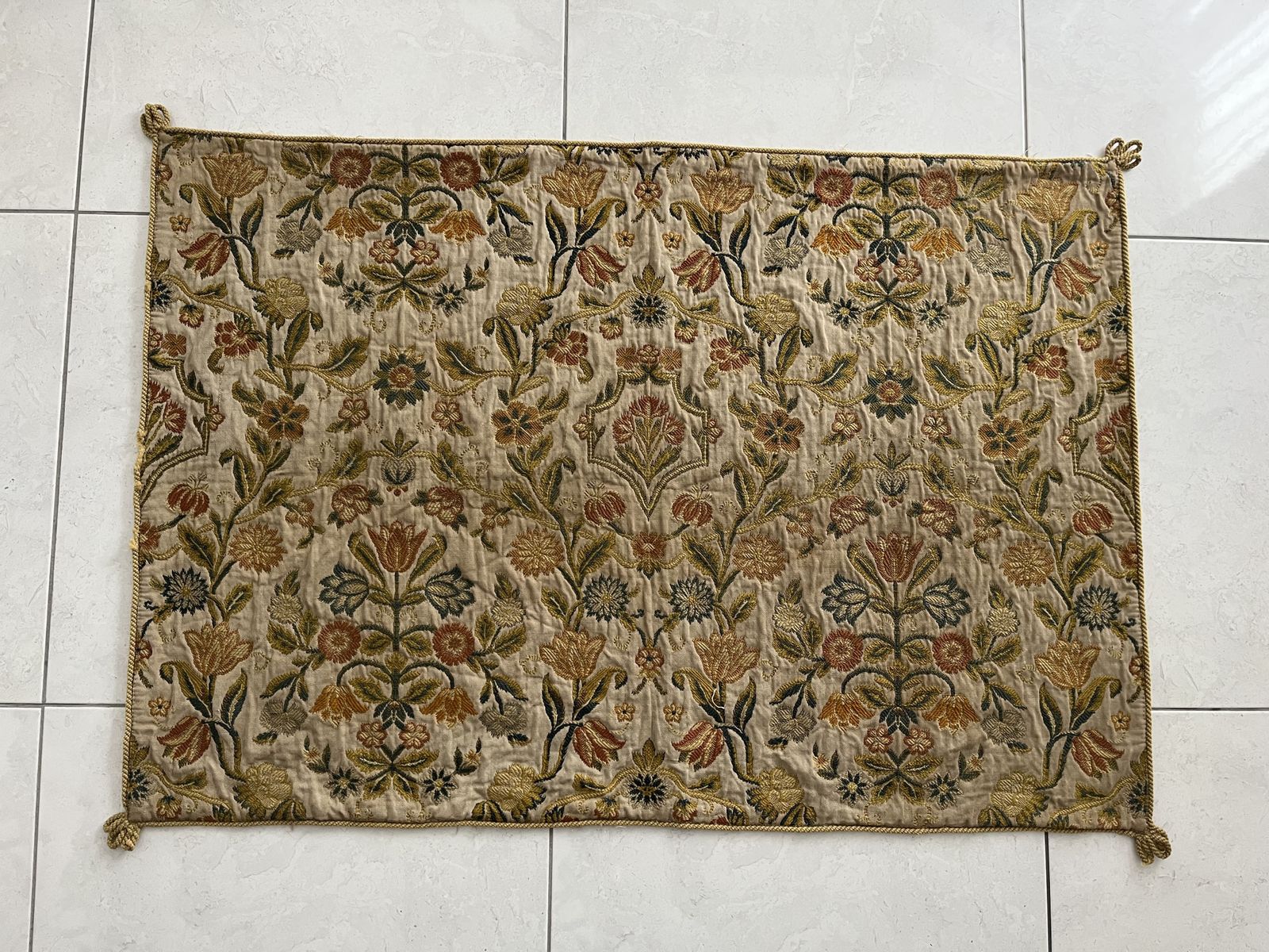 Hand Embroidered Floral Throw, Wool On Cotton, Early 20th Century, 50x35.5"