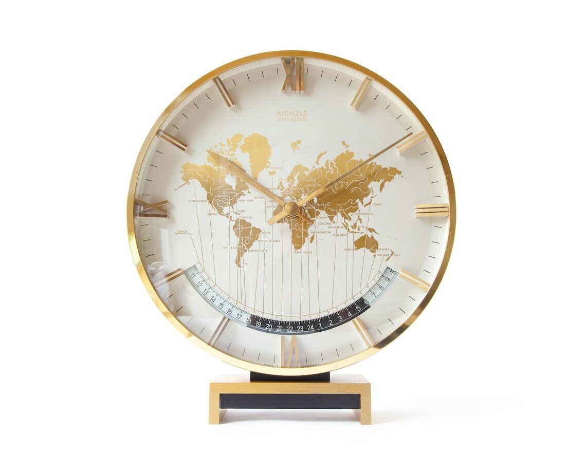 XL Kienzle World Time Clock Duitsland Bureau Tafel Mid-Century Bauhaus Art Deco Stijl Modern MCM Heinrich Möller Kantoor