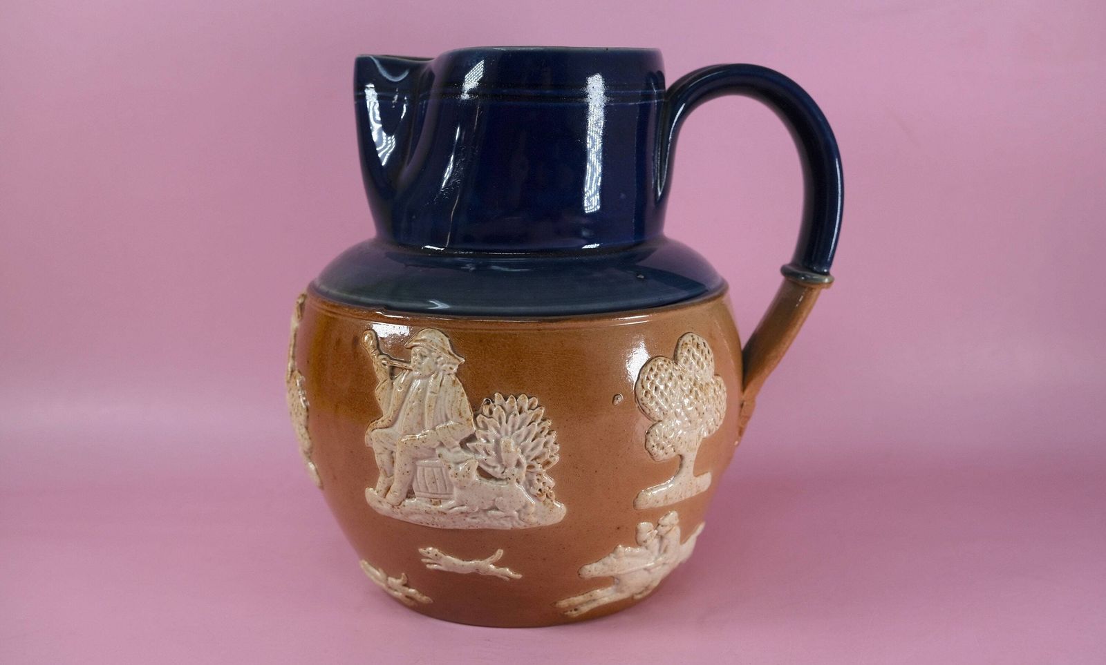 Royal Doulton Harvest Jug | Antique Stoneware Pinch Jug | Cobalt Blue Salt Glaze Pitcher | Sprigged Hunt Scene | 1902–1930