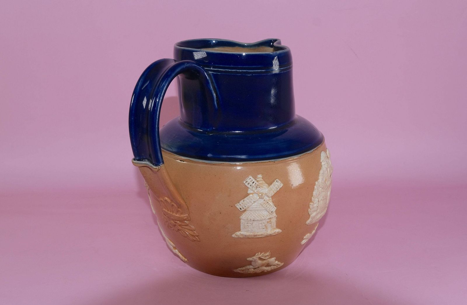 Royal Doulton Harvest Jug | Antique Stoneware Pinch Jug | Cobalt Blue Salt Glaze Pitcher | Sprigged Hunt Scene | 1902–1930 photo vinterior