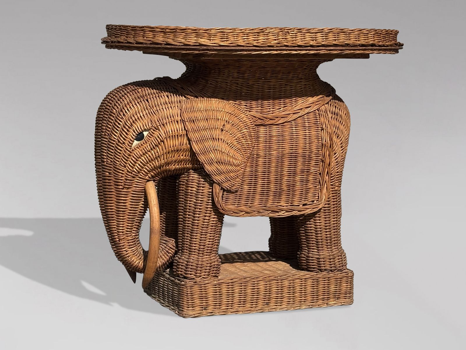1970s Italian Hand Woven Wicker Elephant Shaped Side Table