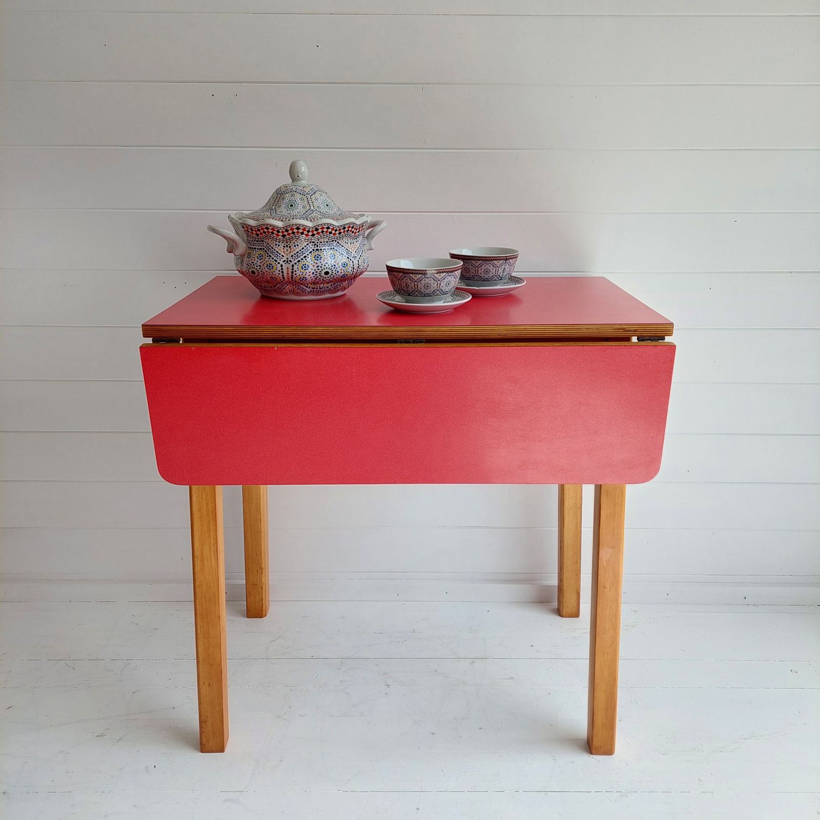 Mid Century Vintage Red Drop Leaf Formica Kitchen Dining Table 1960s photo vintage