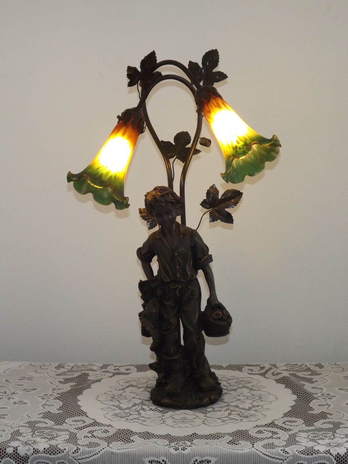 Art Nouveau Table Lamp With Boy Figurine Amber & Green Glass Tulip Shades photo for sale