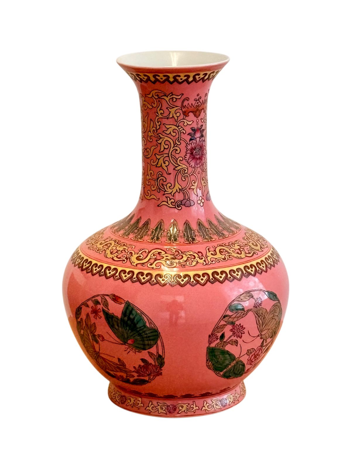 Chinese Famille Rose Pink Butterfly Vase, Qianlong Mark, Gold Accents photo furniture