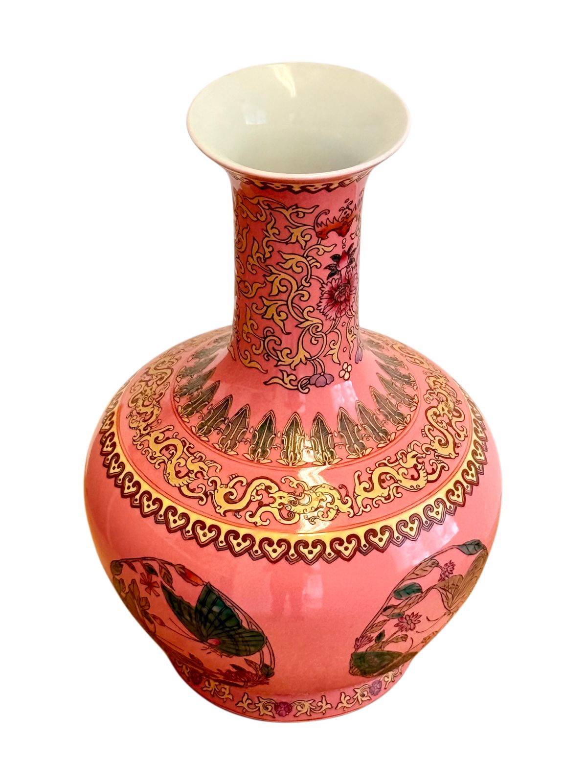 Chinese Famille Rose Pink Butterfly Vase, Qianlong Mark, Gold Accents photo for sale