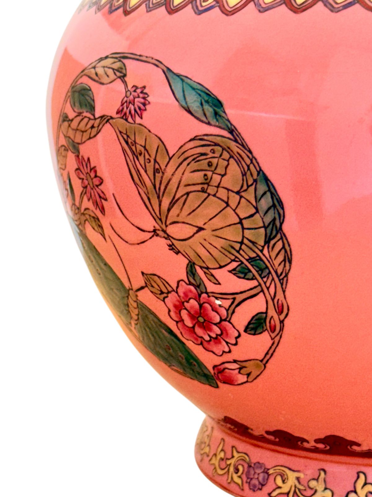 Chinese Famille Rose Pink Butterfly Vase, Qianlong Mark, Gold Accents photo vintage