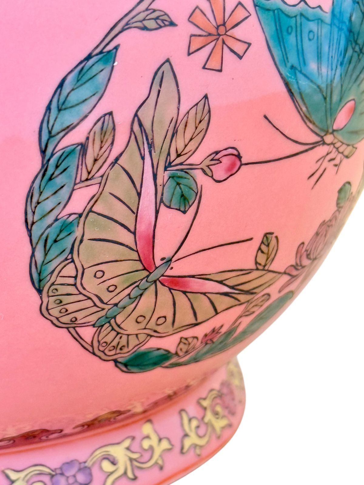 Home Decor Chinese Famille Rose Pink Butterfly Vase, Qianlong Mark, Gold Accents photo