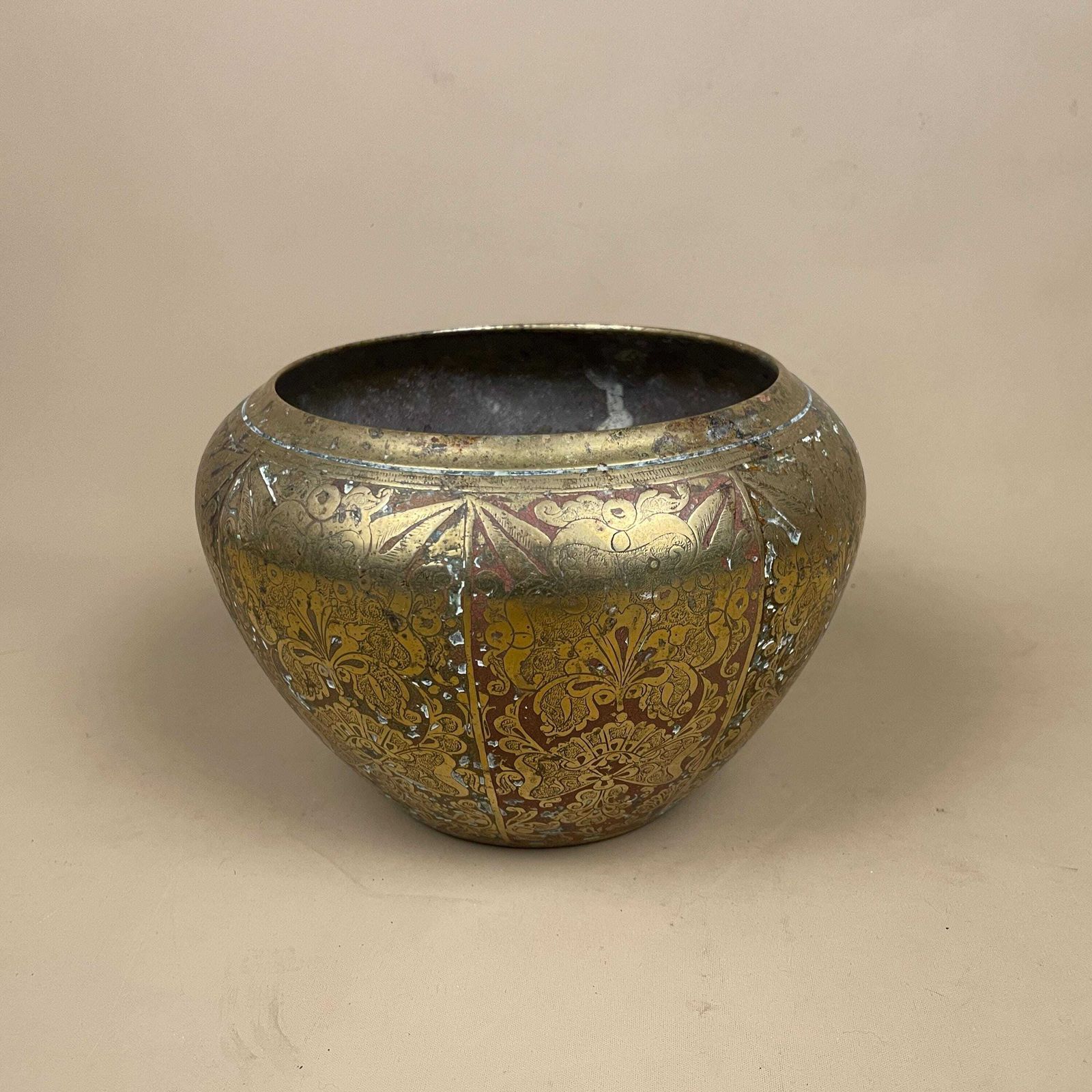 Antique Metal Gold Indian Patterned Brass Plant Pot Planter Jardiniere Asian Handmade Engraved Etched Intricate Vintage Urn Decorative Red photo furniture