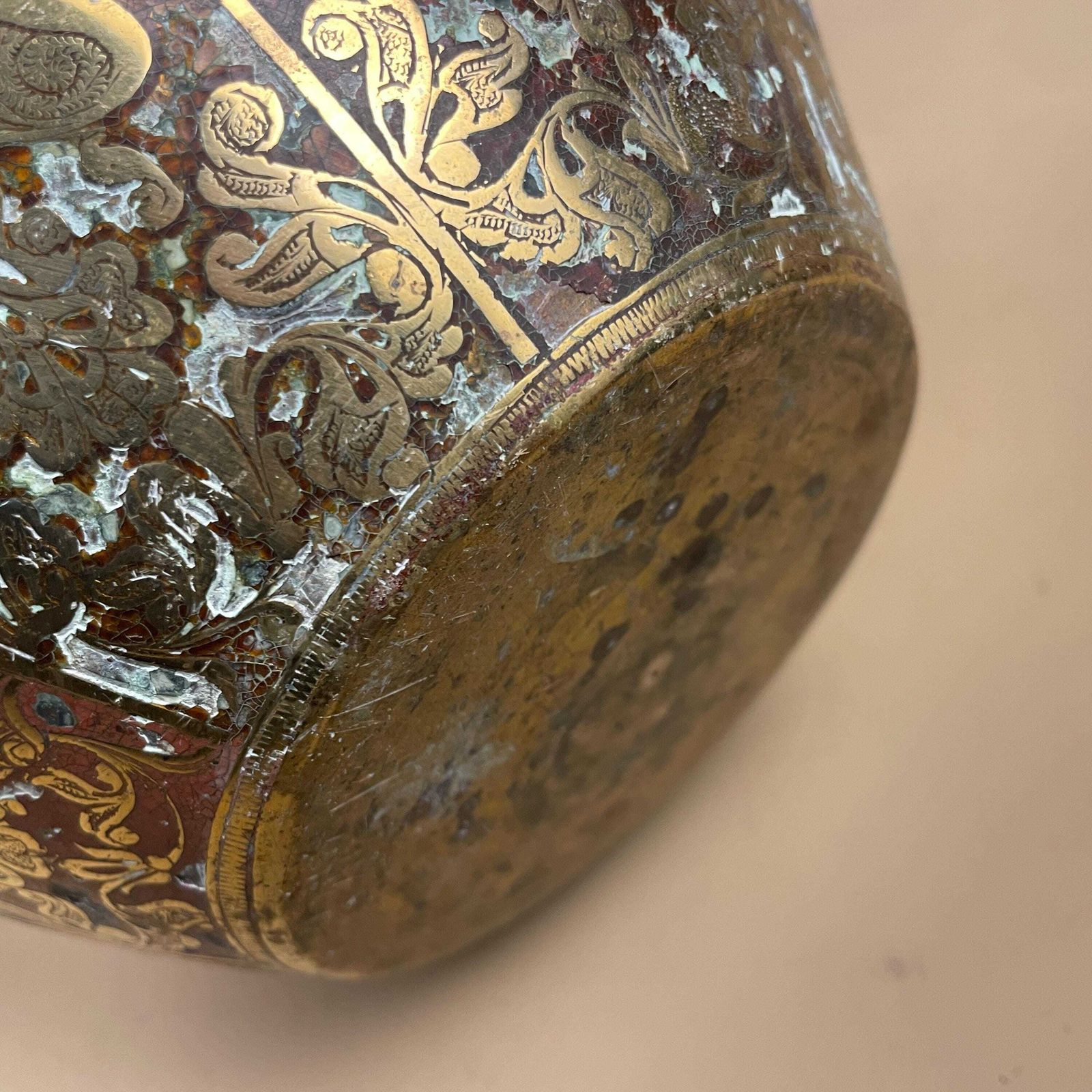69.0 Antique Metal Gold Indian Patterned Brass Plant Pot Planter Jardiniere Asian Handmade Engraved Etched Intricate Vintage Urn Decorative Red photo