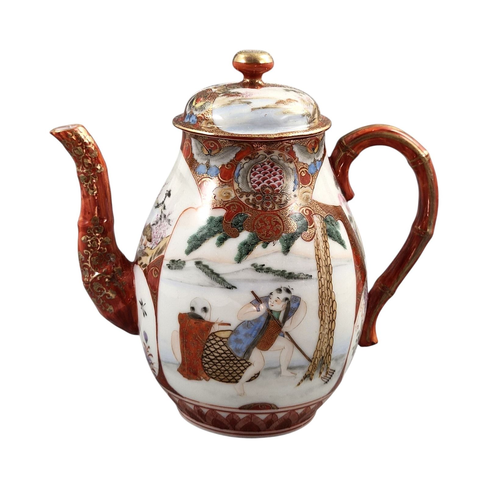 Meiji Kutani Theepot Met Bamboehengsel En Decoratieve Vaasstandaard, ca. 1890 photo vinterior