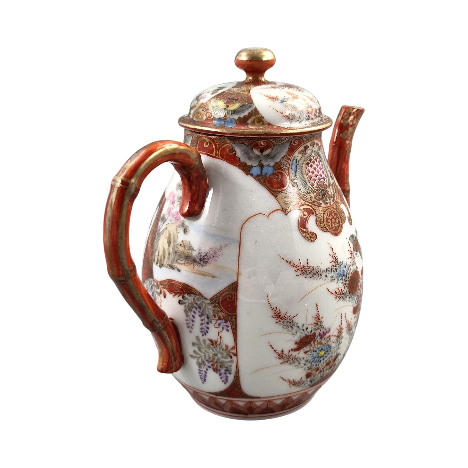 Meiji Kutani Theepot Met Bamboehengsel En Decoratieve Vaasstandaard, ca. 1890 photo vintage