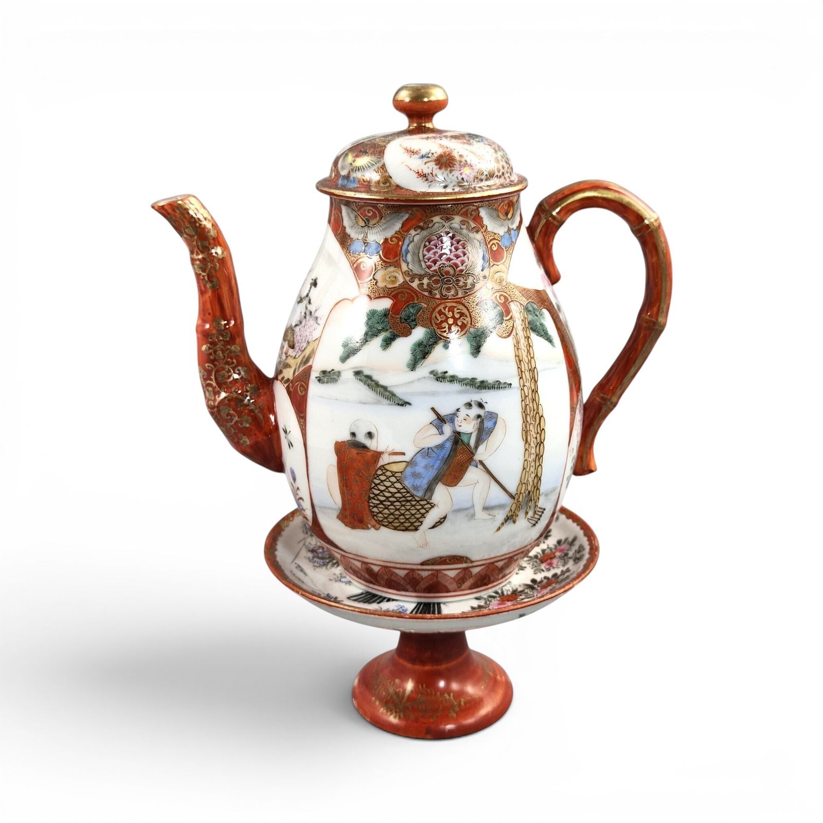 Meiji Kutani Teapot With Bamboo Handle And Decorative Vase Stand, C.1890