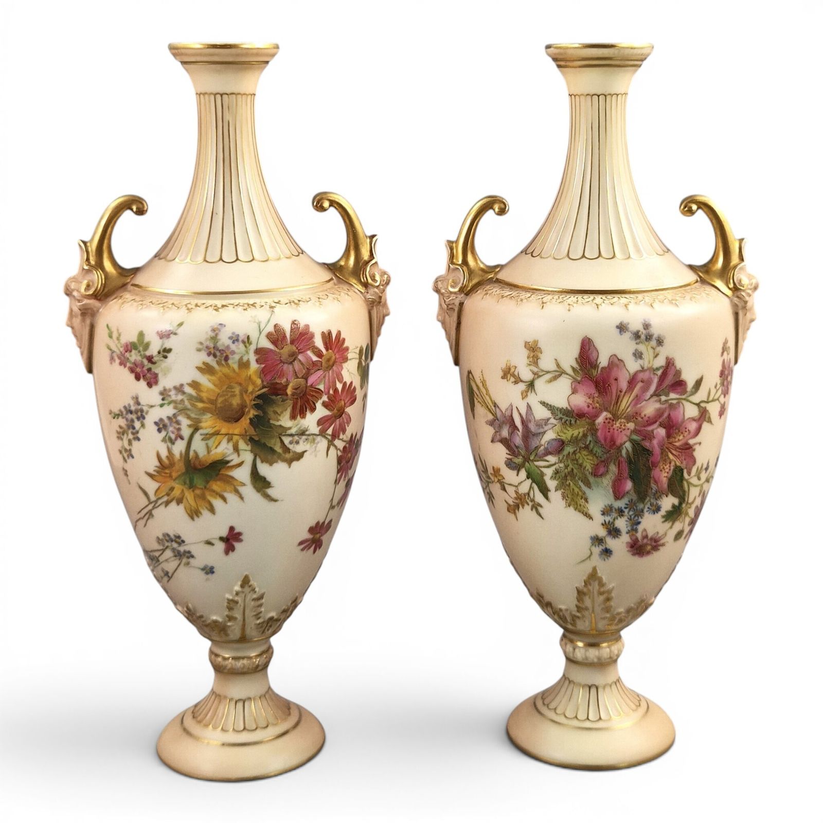 Pair Of Royal Worcester Blush Ivory Floral Vases With Gilt Mask Handles, 1900