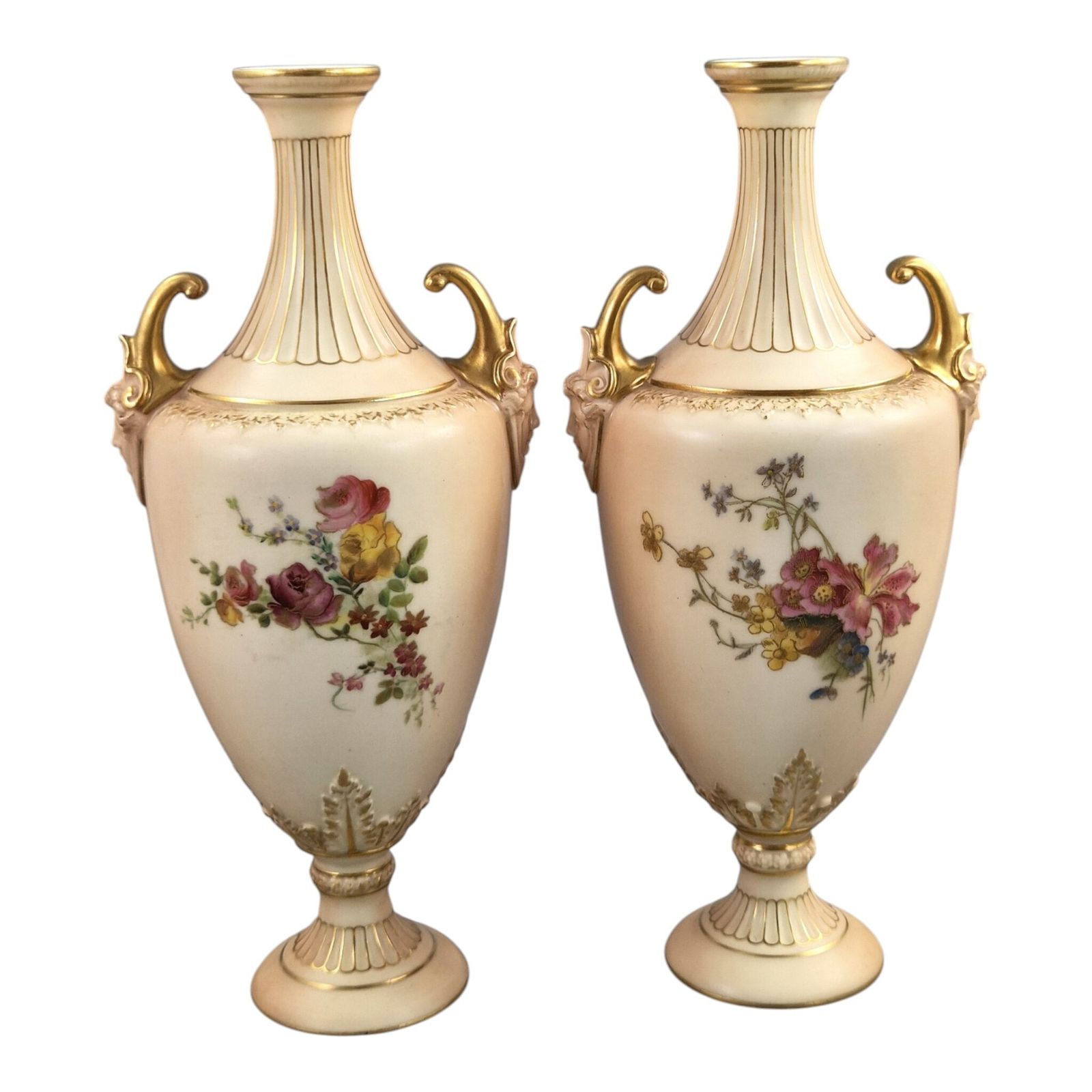Pair Of Royal Worcester Blush Ivory Floral Vases With Gilt Mask Handles, 1900 photo for sale
