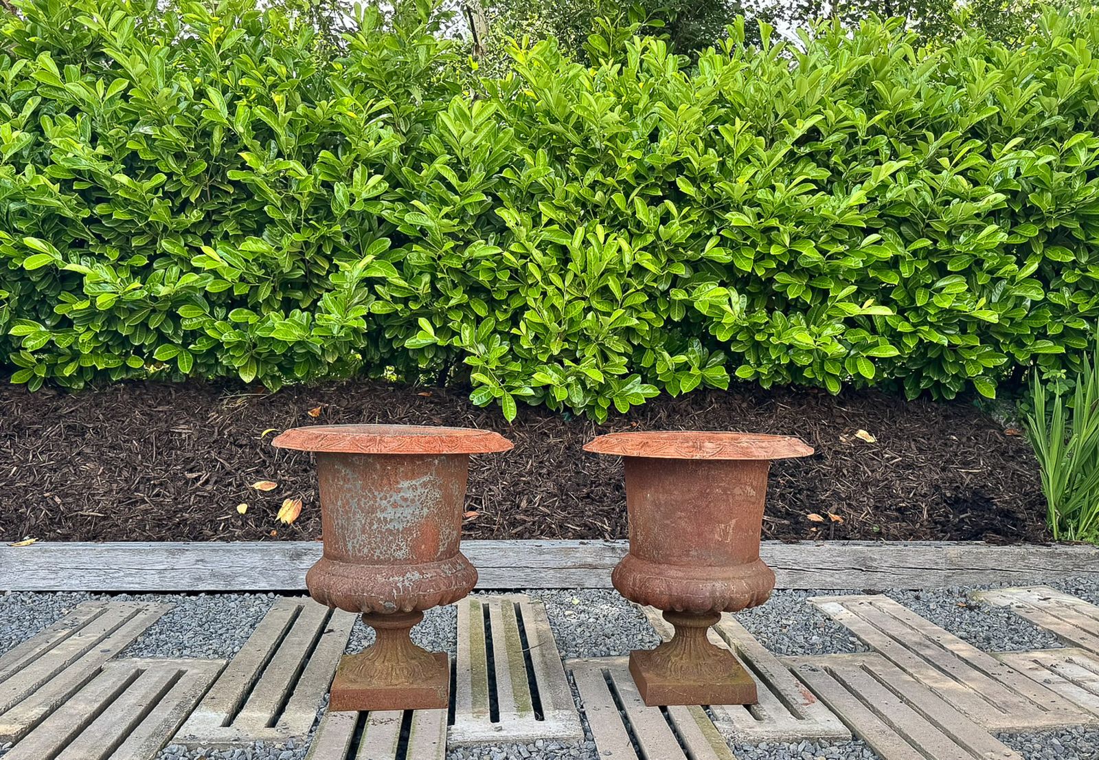 Large Pair Cast Iron Victorian Rococo Style Garden Urn Planters Late 20th Century photo buy