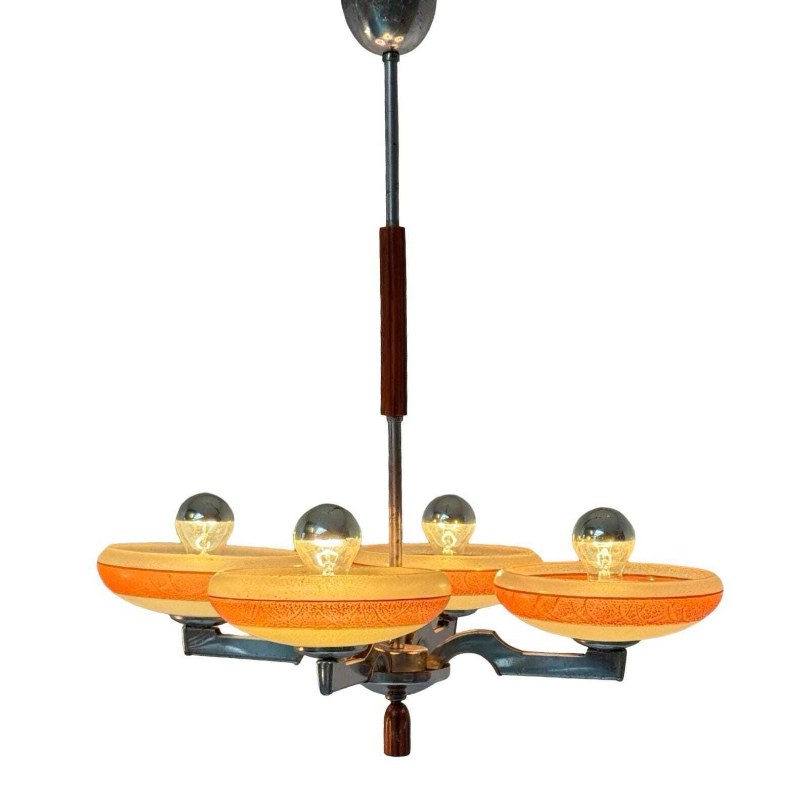 Art Deco Chandelier   Approx. 1930, Czechoslovakia   Frosted Glass, Bakelite And Chromed Metal Frame   4 Bulbs photo furniture