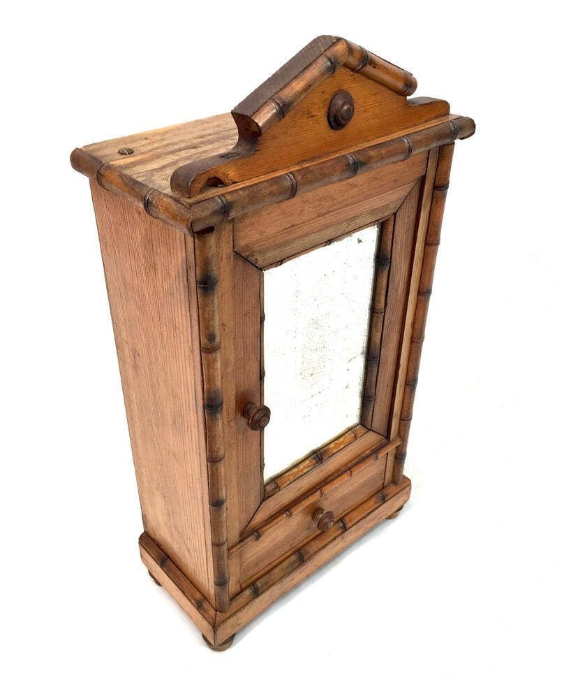 Antique Tabletop Wooden Bamboo & Pine Miniature Cabinet Cupboard / Mirror C.1930 photo furniture