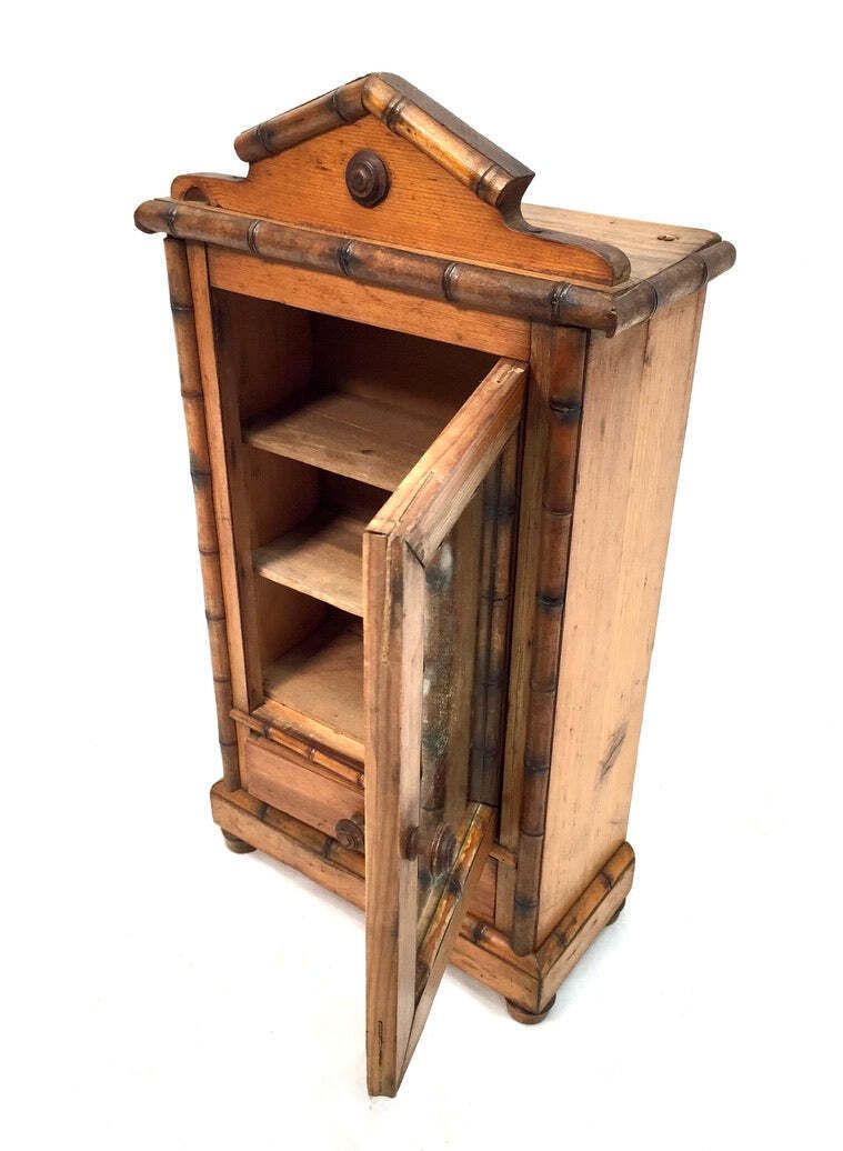 photo furniture Antique Tabletop Wooden Bamboo & Pine Miniature Cabinet Cupboard / Mirror C.1930