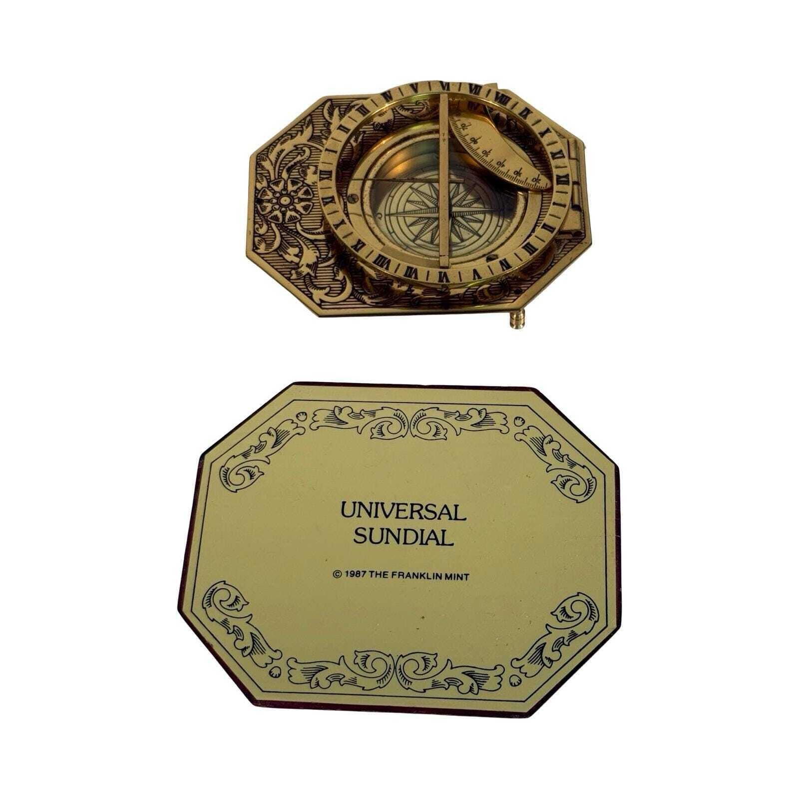 Franklin Mint   Universal Sundial And Compass   Gold Plated Brass On Wooden Mount photo for sale
