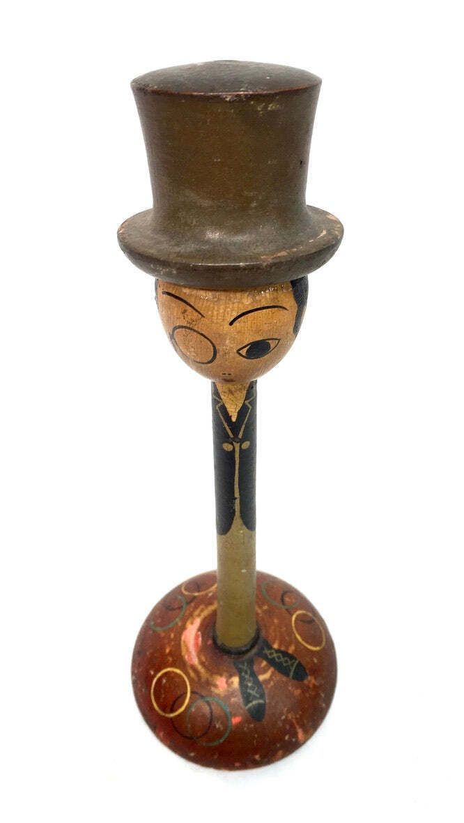 Antique Wooden Hand Painted Tabletop Hat Stand / Top Hat Figurine& C.1920