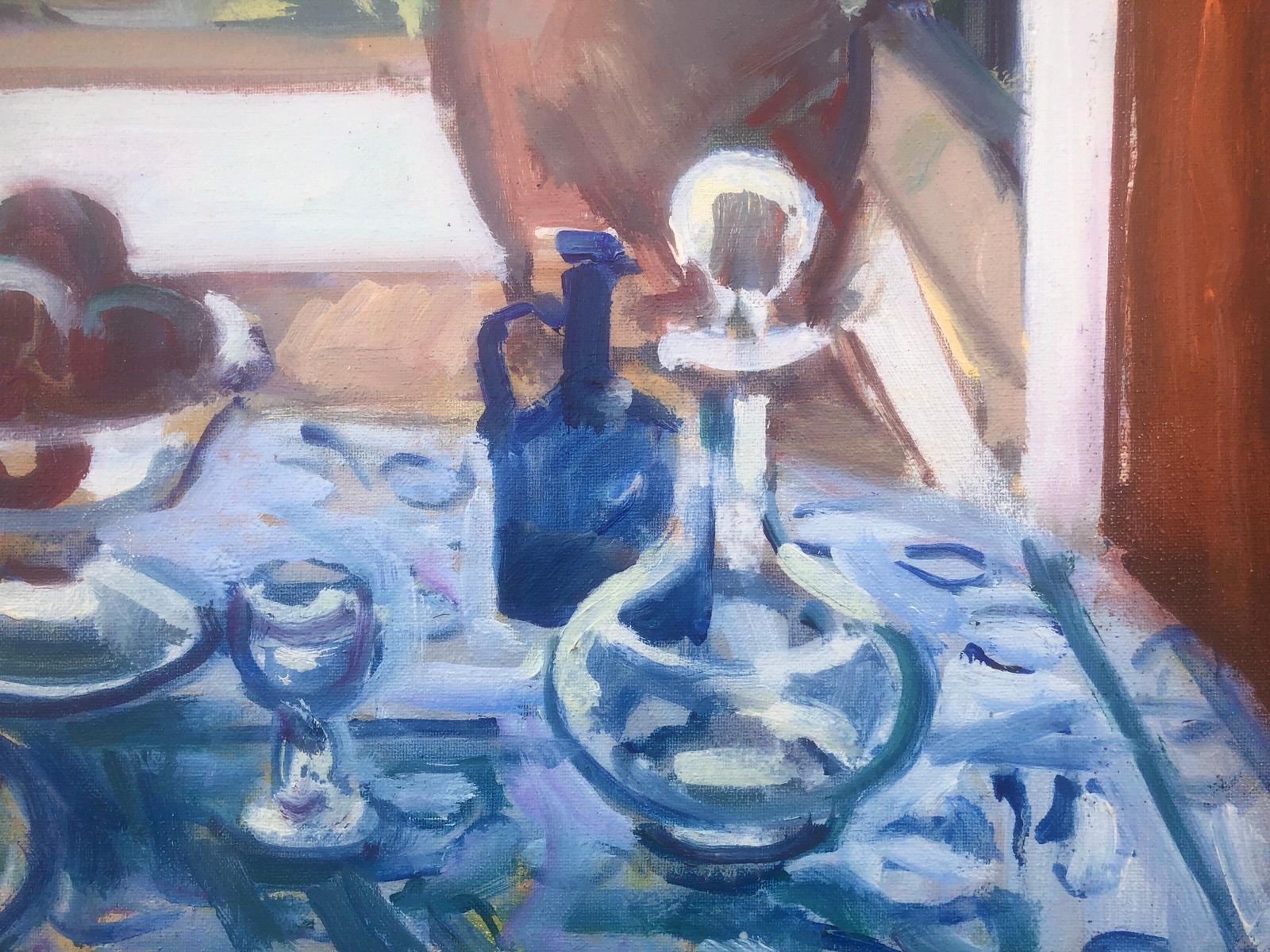 Rafael Duran Benet – Mediterraan stilleven met blauw tafelkleed, fruit en tuinzicht – olieverfschilderij, ca. 2000 photo for sale