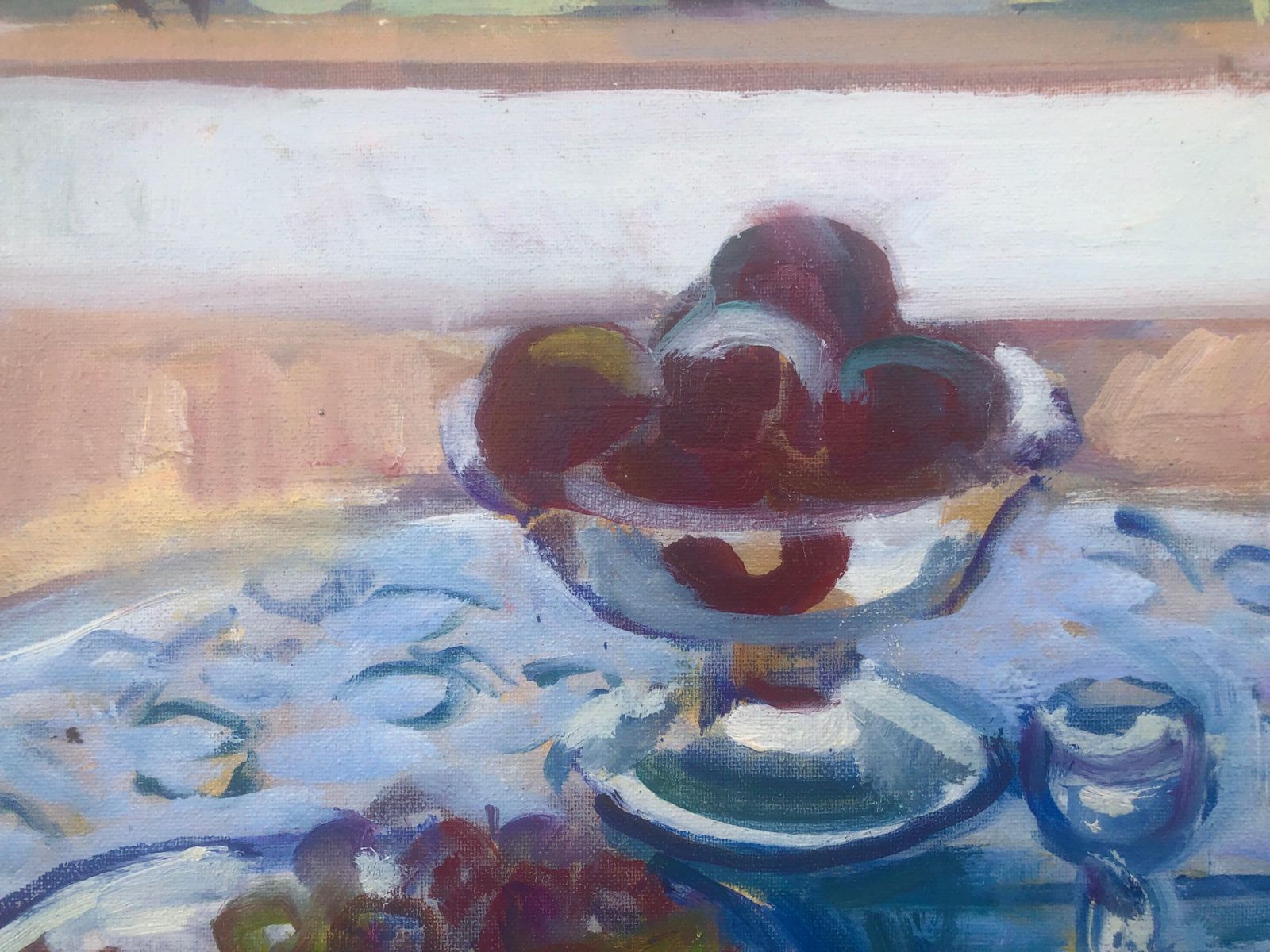 Rafael Duran Benet Mediterranean Still Life With Blue Tablecloth Fruit And Garden View Oil Painting C.2000 photo 850.0