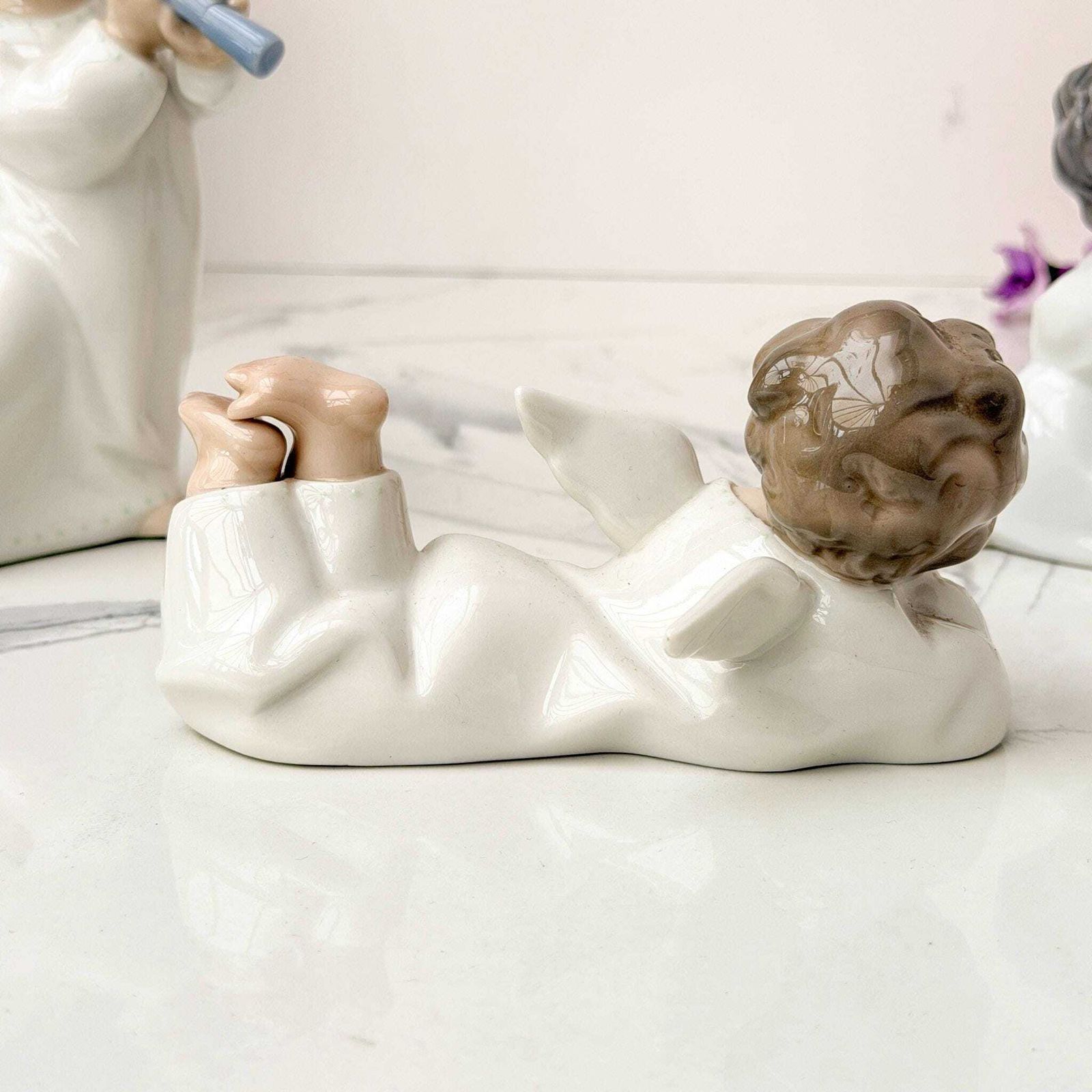 photo furniture Lladro Set 3 Engelenfiguren Dreaming Flute Reclining Vintage Keramiek Spanje