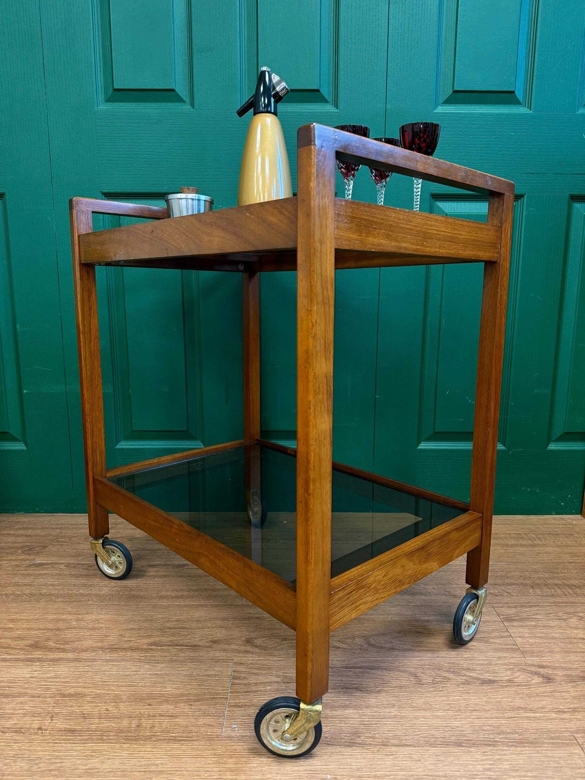 Stylish Vintage 1960s Mid Century Danish Style Solid Teak And Smoked Glass Two Tier Drinks Trolley