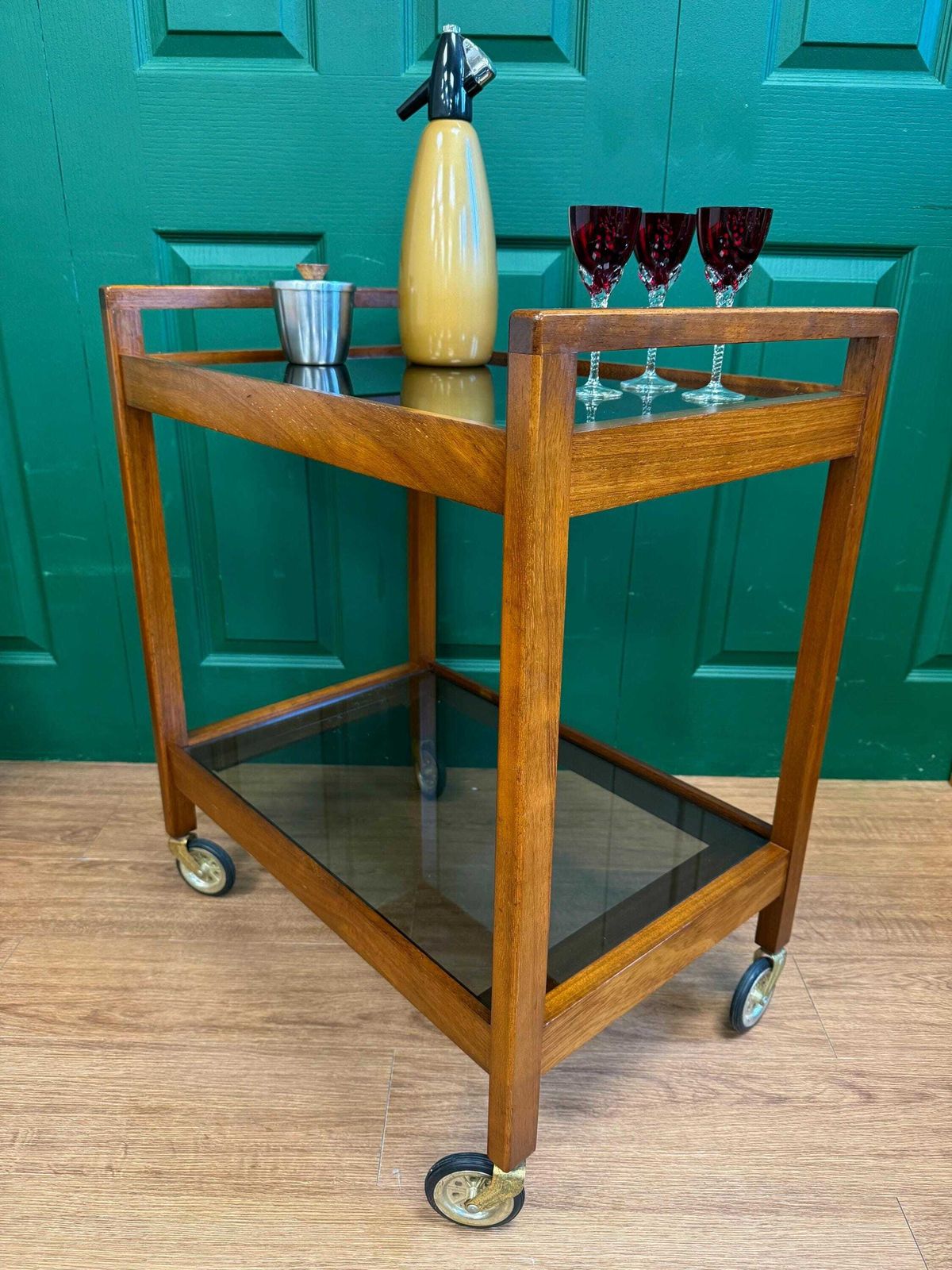 Stylish Vintage 1960s Mid Century Danish Style Solid Teak And Smoked Glass Two Tier Drinks Trolley photo furniture
