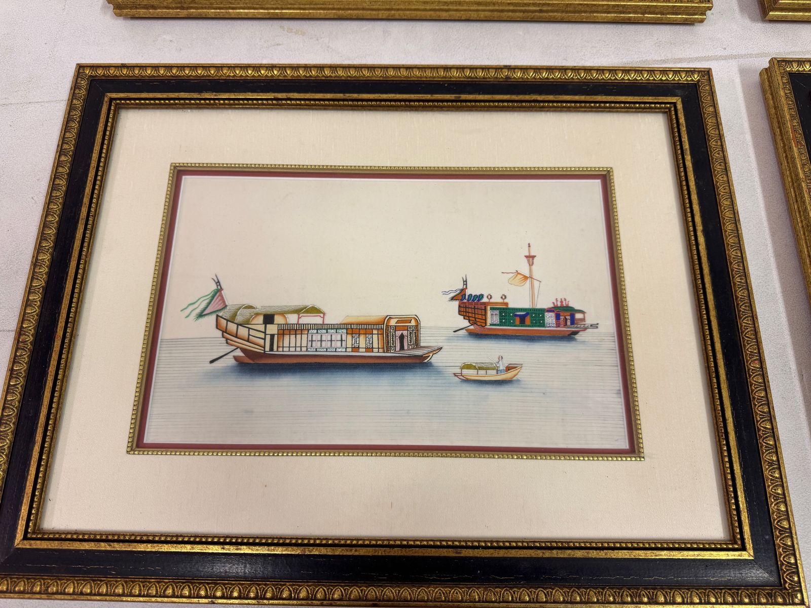 Set Of Six Chinese Rice Paper Paintings Of Boats photo for sale
