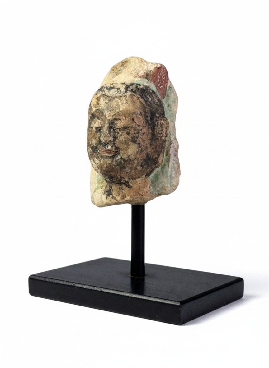 Antique Fragment Of A Polychrome Painted Chinese Buddha Head